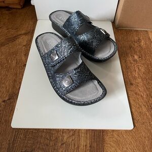 Alegria Black and Blue Metallic Sandals